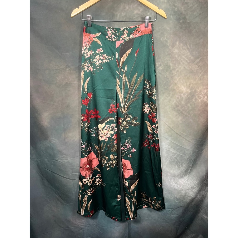 Lulus Emerald Green Floral Satin High Waisted Wide Leg Pants Small NWT